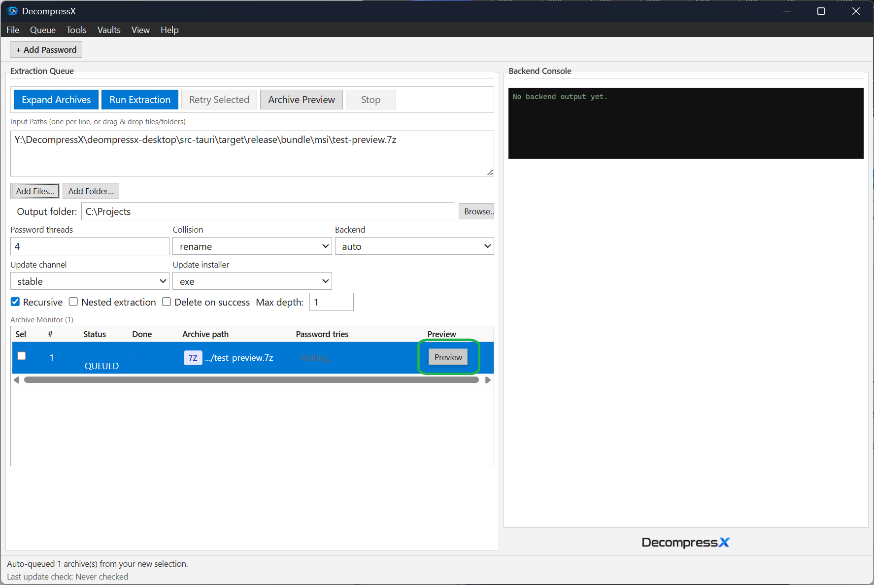 Archive preview window