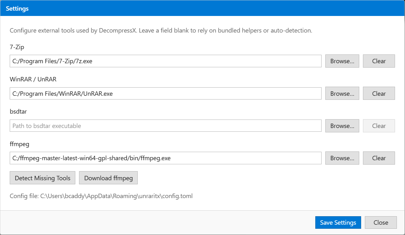 Settings and tool configuration